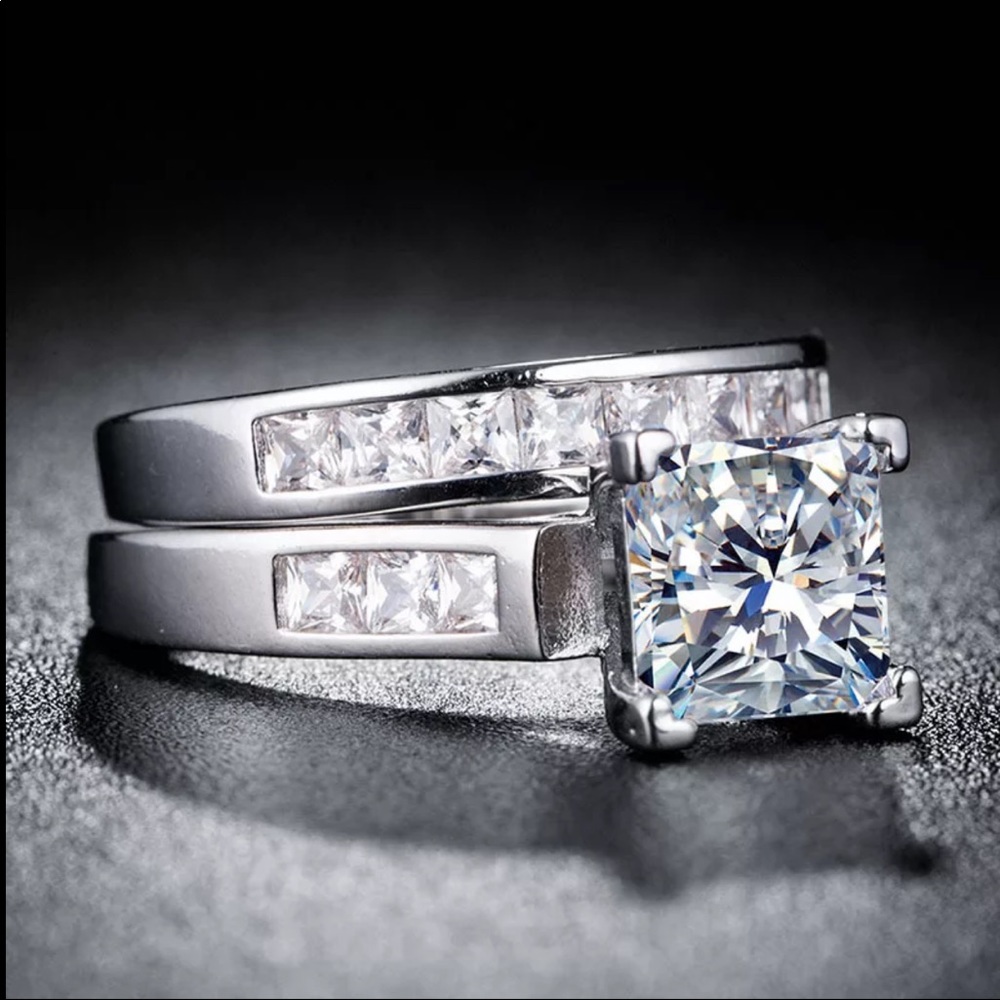 New Luxury 2pc 925 Silver Diamond Engagement Ring - Picture 4 of 6